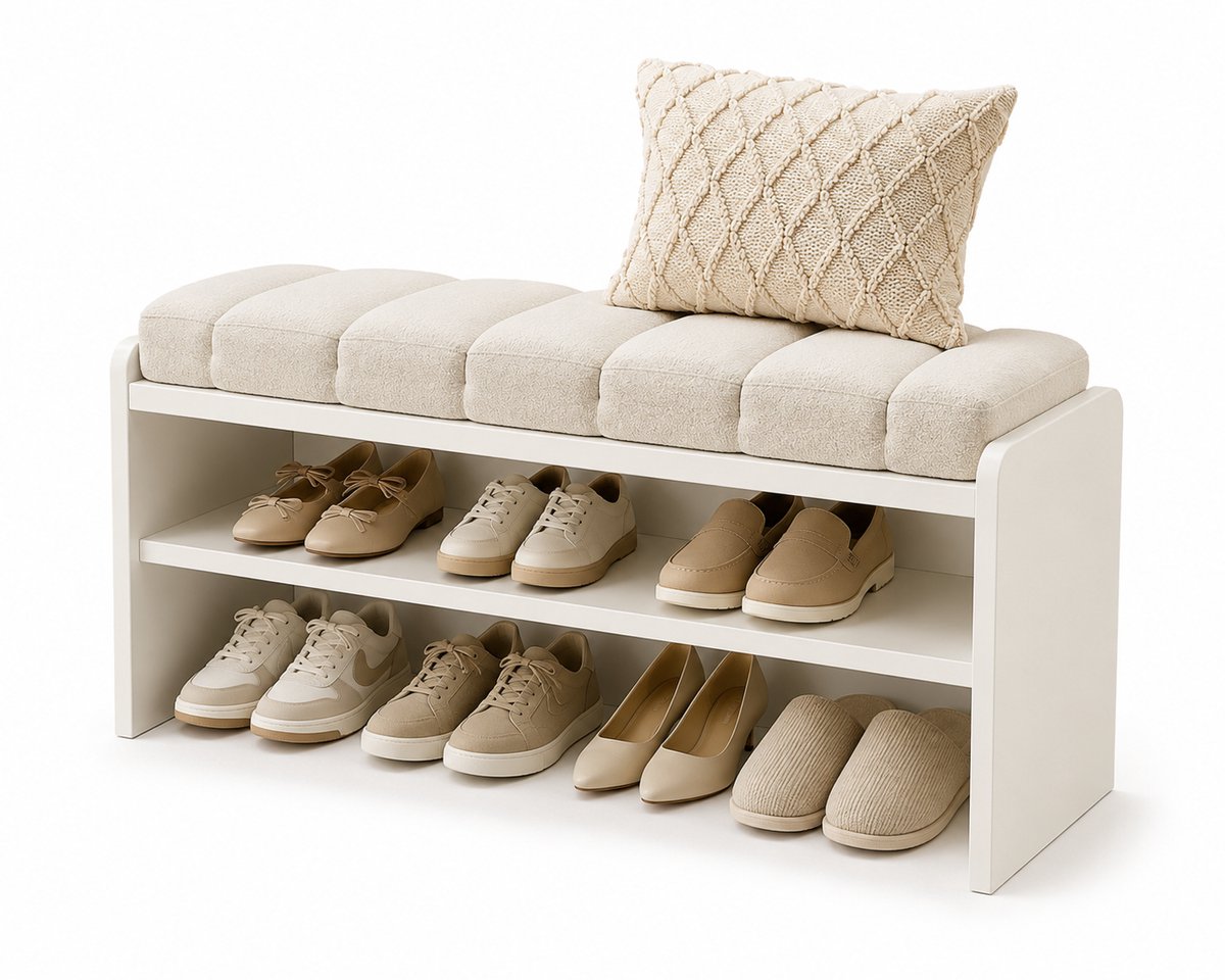 CINK Living® Schoenenbank met Opbergrek – Entreebank met Zitkussen – Schoenenrek Hal – Opbergbank met Schoenenopslag – Crème Wit – 87x38x47 cm