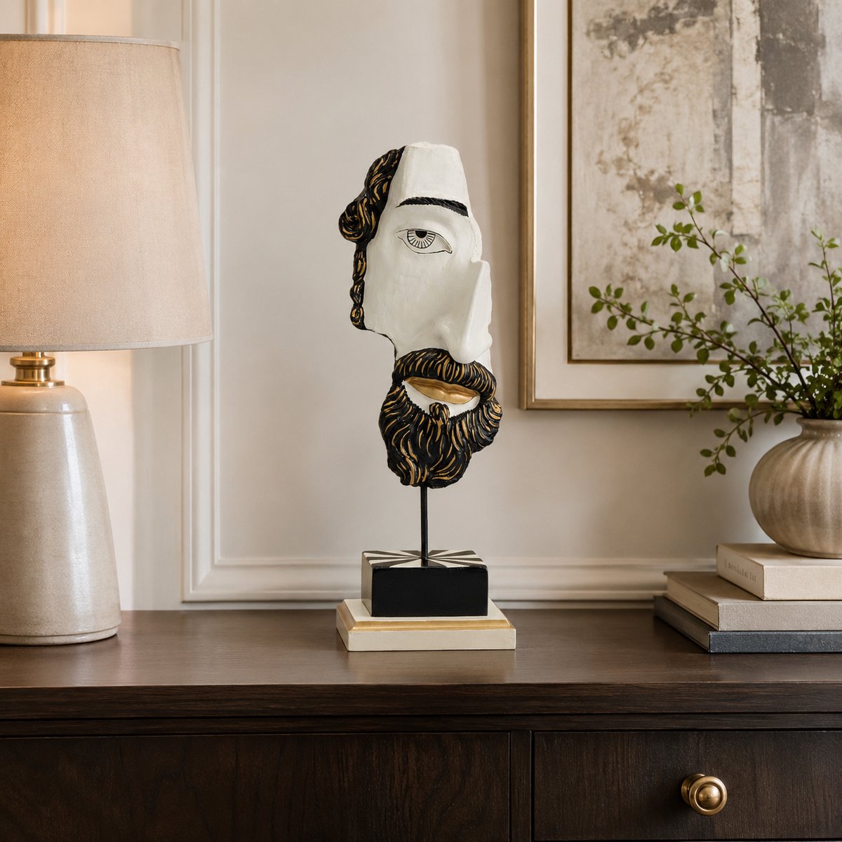 Abstract Beeld Mannengezicht op Standaard – Moderne Gezicht Sculptuur Zwart Wit Goud – Decoratief Standbeeld 42,5 cm Hoog – Luxe Kunst Ornament / Beeldsculptuur voor Woonkamer, Dressoir, Kantoor, Hal, Galerie & Hotel Chique Interieur