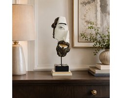 Abstract Beeld Mannengezicht op Standaard – Moderne Gezicht Sculptuur Zwart Wit Goud – Decoratief Standbeeld 42,5 cm Hoog – Luxe Kunst Ornament / Beeldsculptuur voor Woonkamer, Dressoir, Kantoor, Hal, Galerie & Hotel Chique Interieur