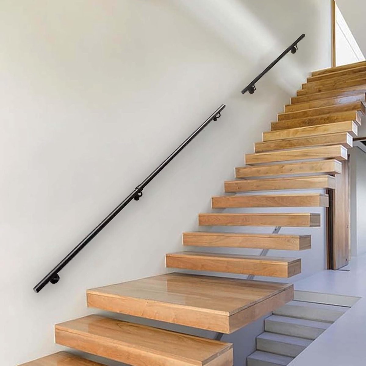 Wandmontage - Trapleuning Hout - Veilig Lopen - Gietijzeren Constructie - Tot 6 Meter - Zwart