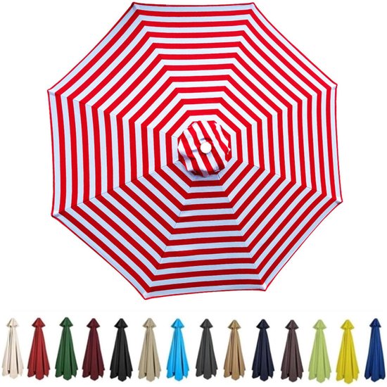 Parasolhoes met rode en witte strepen, opengeklapt.
