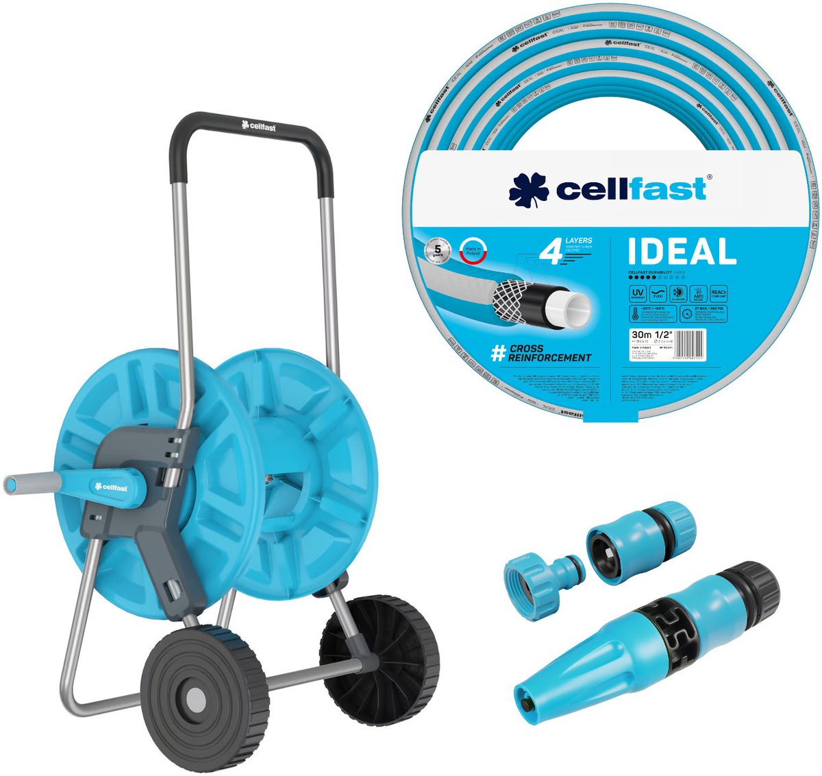 Cellfast Aluplus-slangwagen 1/2" 60 m + Cellfast IDEAL-tuinslang 1/2" 30 m + Set met Cellfast Basic-sproeier 1/2"