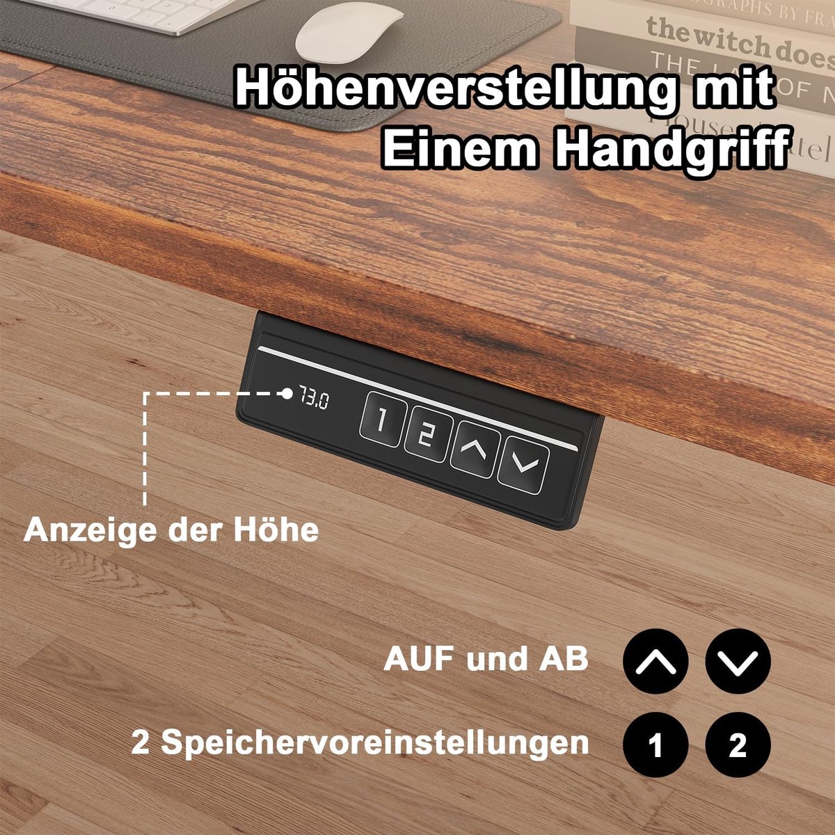 Elektrisch Zit Sta Bureau 140x60 cm – House&Garden In Hoogte Verstelbaar Bureau met Monitorstandaard & Memory Functie – Ergonomisch Sta Bureau met 1 Motor, Stil 50dB, Bruin Houten Blad & Metalen Frame – Thuiswerk & Kantoor
