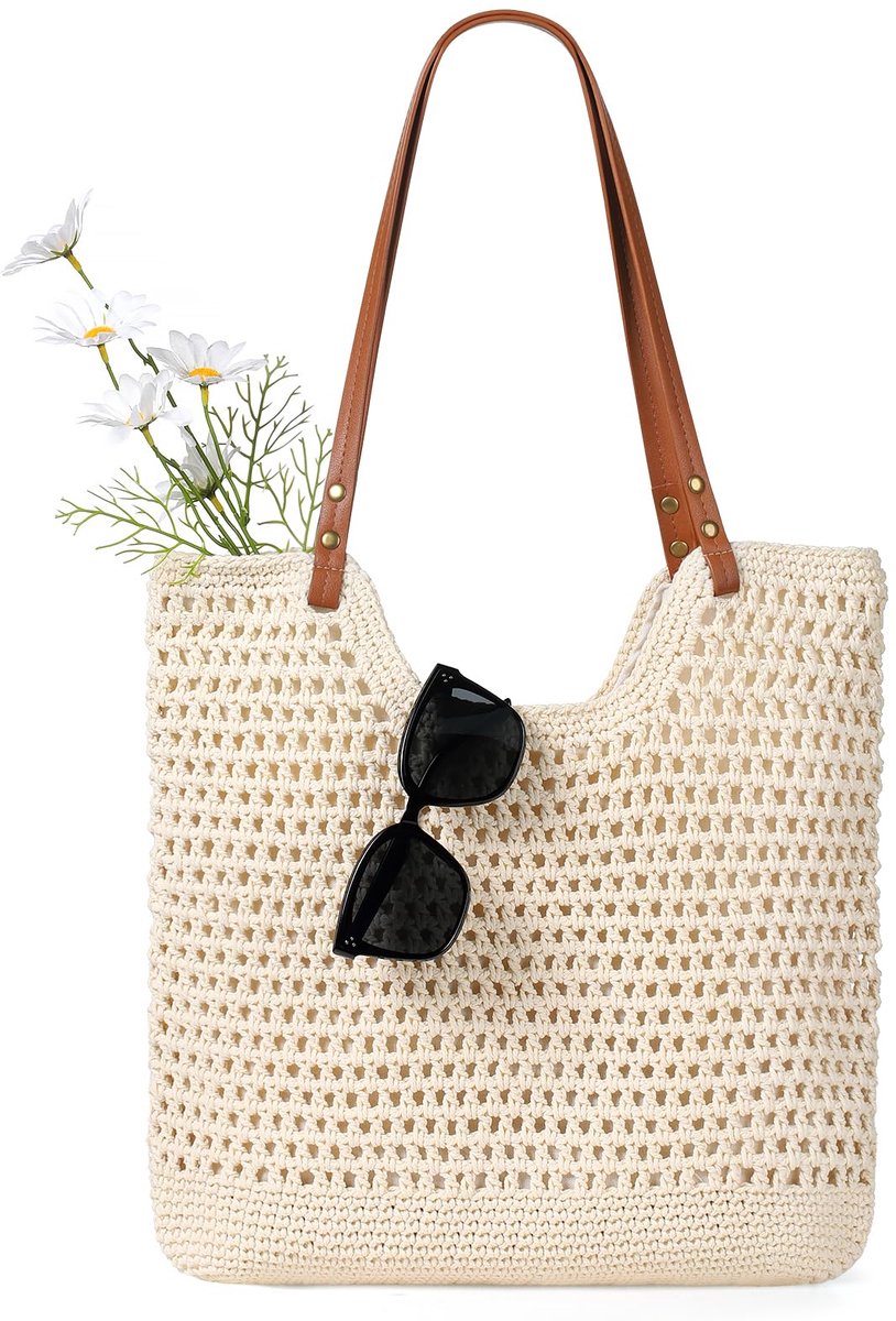 Beige Zomerse geweven draagtas met haakpatroon, trendy boho schoudertas lichtgewicht voor stranduitjes, dagjes uit en vakantiereizen