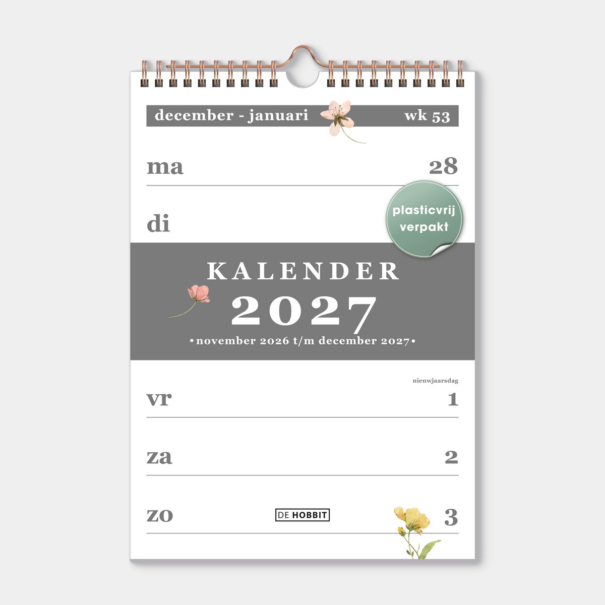 Hobbit - Spiraalkalender 2027 - A4 (29,7 x 21 cm) - Weekplanner - Weekkalender - Aquarel Bloemetjes