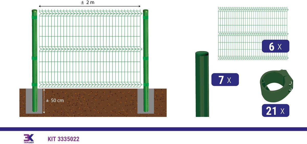 KIT 12 draadpaneel + palen en klemmen, lengte 12m, hoogte 153cm, kleur groen RAL 6005