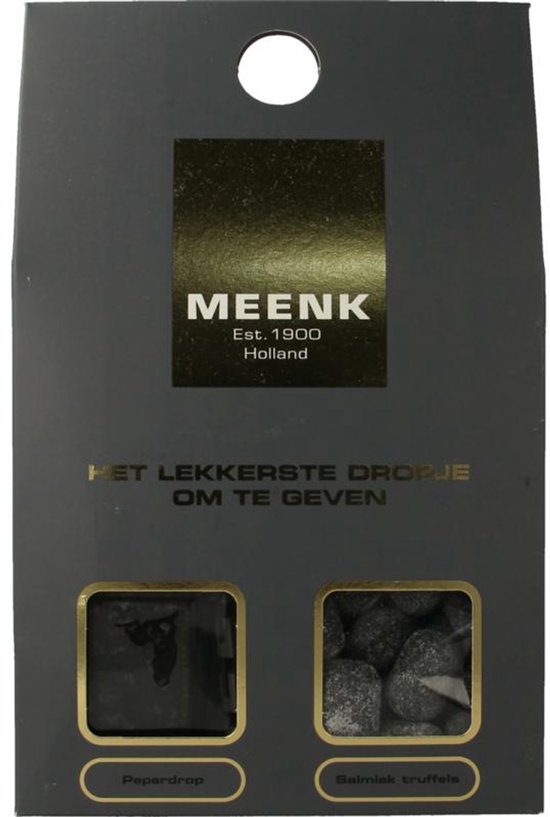 Grijze verpakking met gouden logo, tekst 'HET LEKKERSTE DROPJE OM TE GEVEN' en vensters met Peperdrop en Salmiak truffels.