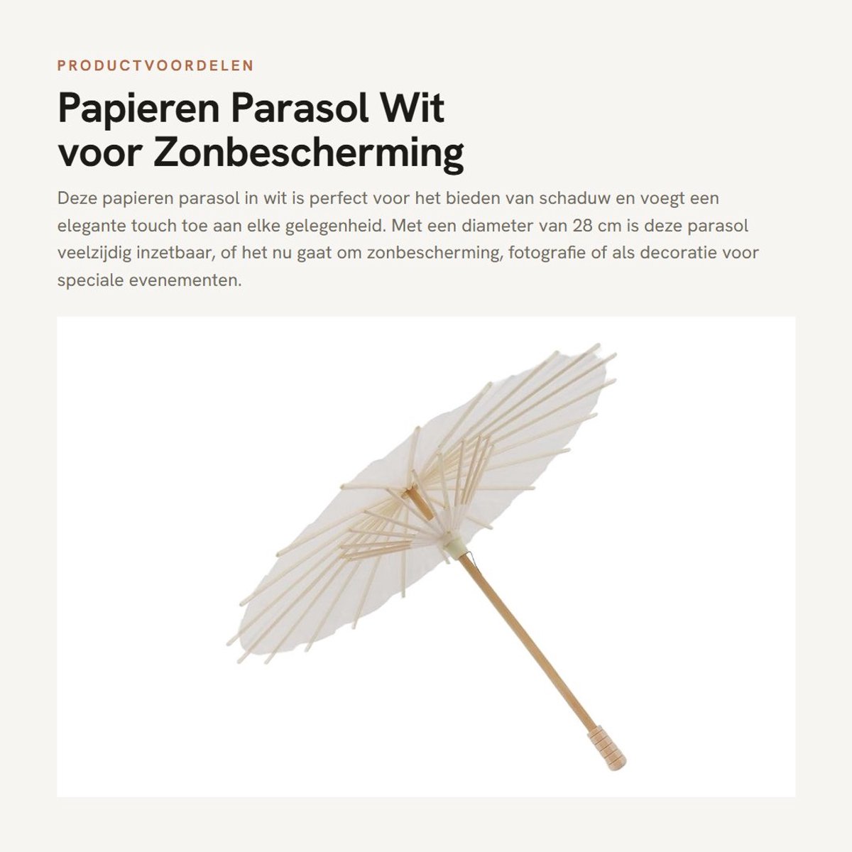Dailygoods- Papieren Parasol Wit - Houten Parasolbotten - Kunstdecoratie - Fotografie Rekwisieten - Romantisch en Elegant - 28CM - Paraplu