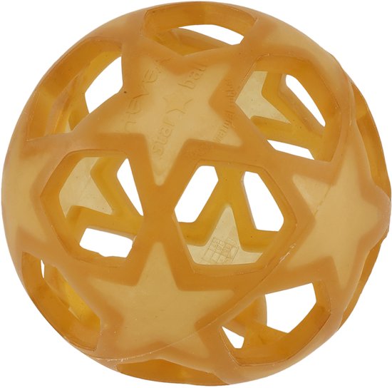 Balle jouet jaune Hevea avec des ouvertures en forme d'étoile.
