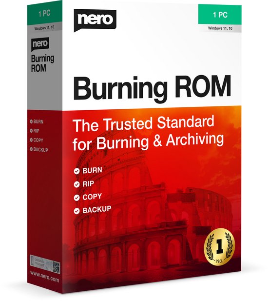 Nero Burning ROM verpakking, met de tekst 'Burning ROM - The Trusted Standard for Burning & Archiving' en een afbeelding van het Colosseum.