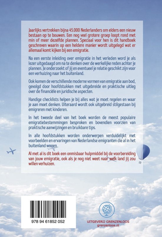 Achterkant boek 'Succesvol emigreren' met tekst over de inhoud en uitgever.