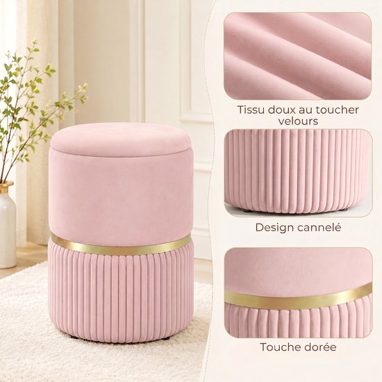 Roze fluwelen poef met opbergruimte, gouden accent en gecanneleerd design.