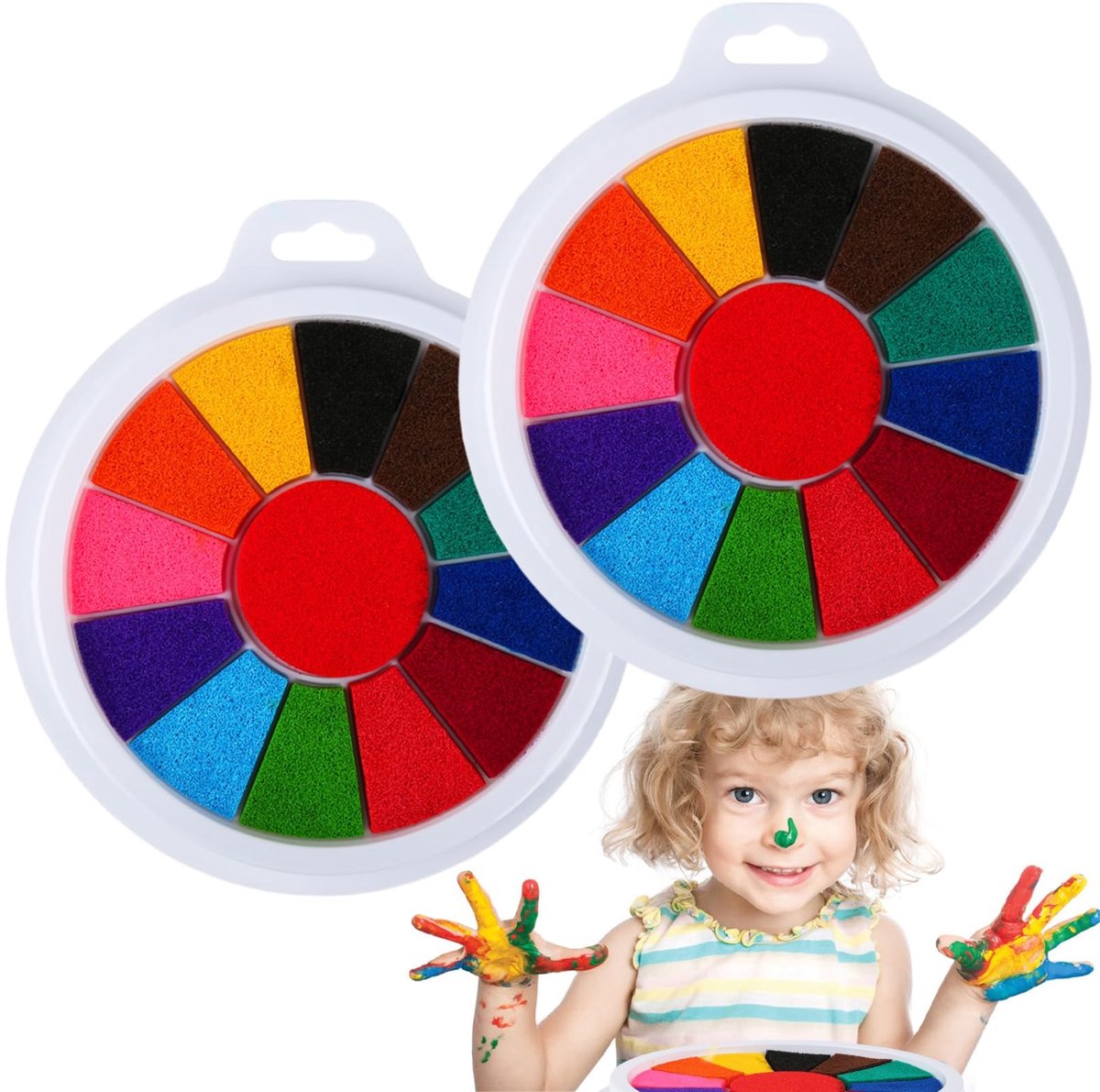 Solidchoice - 2 stuks stempelkussens, kleurrijk, 13 kleuren, vingerafdruk, niet giftig, afwasbaar en kindveilige inkt, niet giftig, afwasbaar, kinderstempelverf voor doe-het-zelf