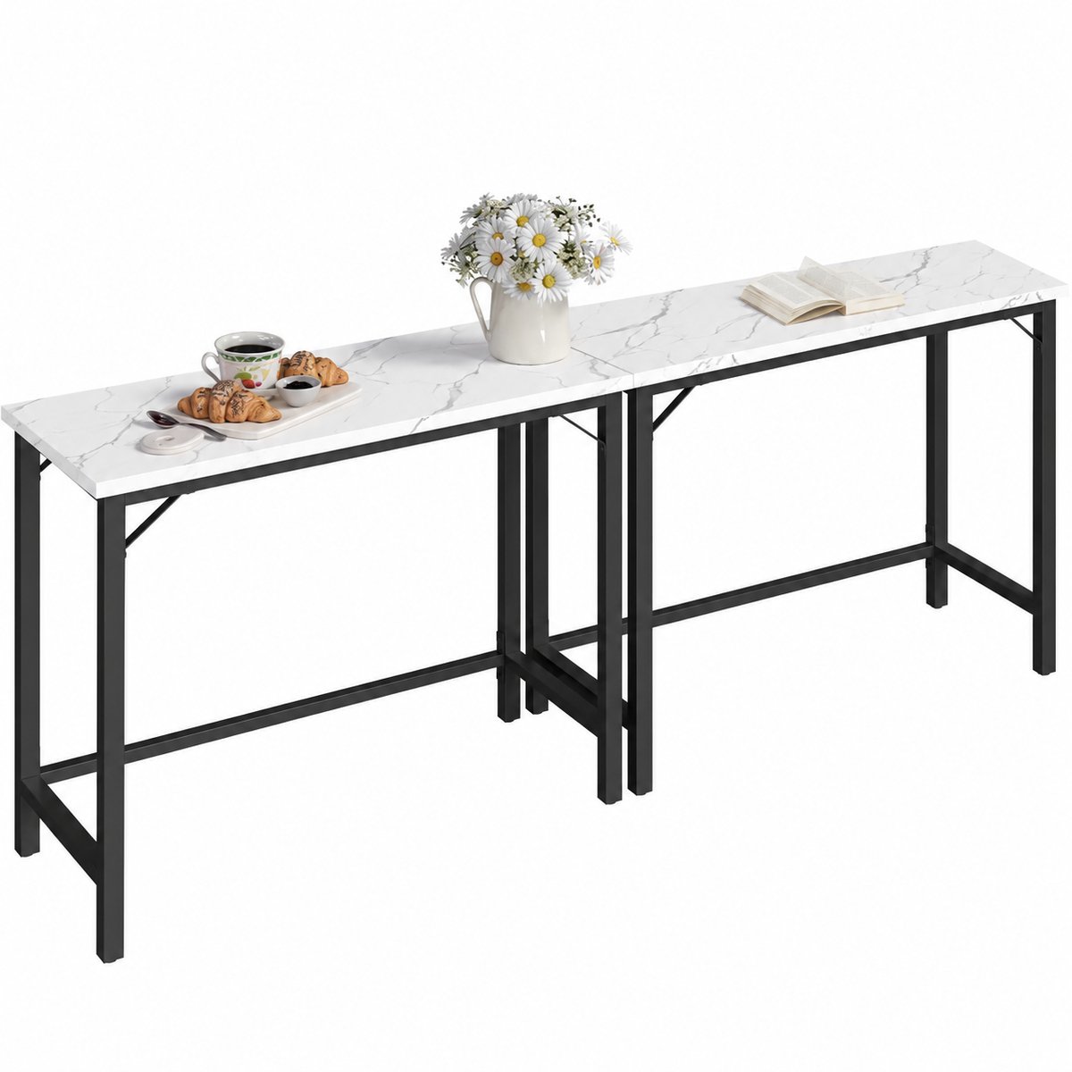 CINK Living® Koppelbare Bartafel 2-in-1 - Hoge Tafel met Marmerlook Blad - Consoletafel Industrieel - Stalen Frame - 160 x 35 x 89 cm - Wit/Zwart
