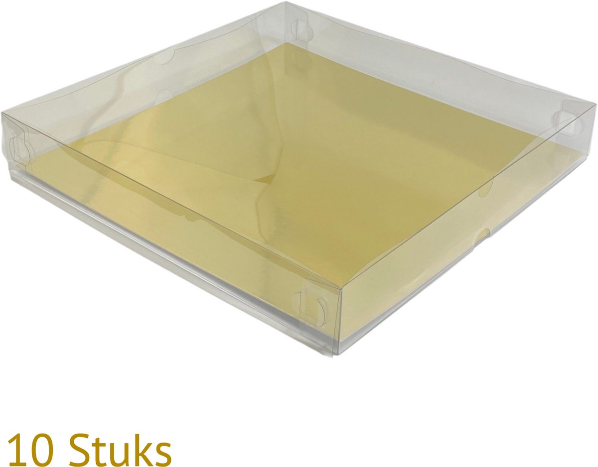 Bakdozen.nl - Bonbon Doosjes - Sweetbox / Gebaksdoos met Transparant Deksel en Gouden Bodem - 10 Stuks - 20 x 20 x 4.5 cm