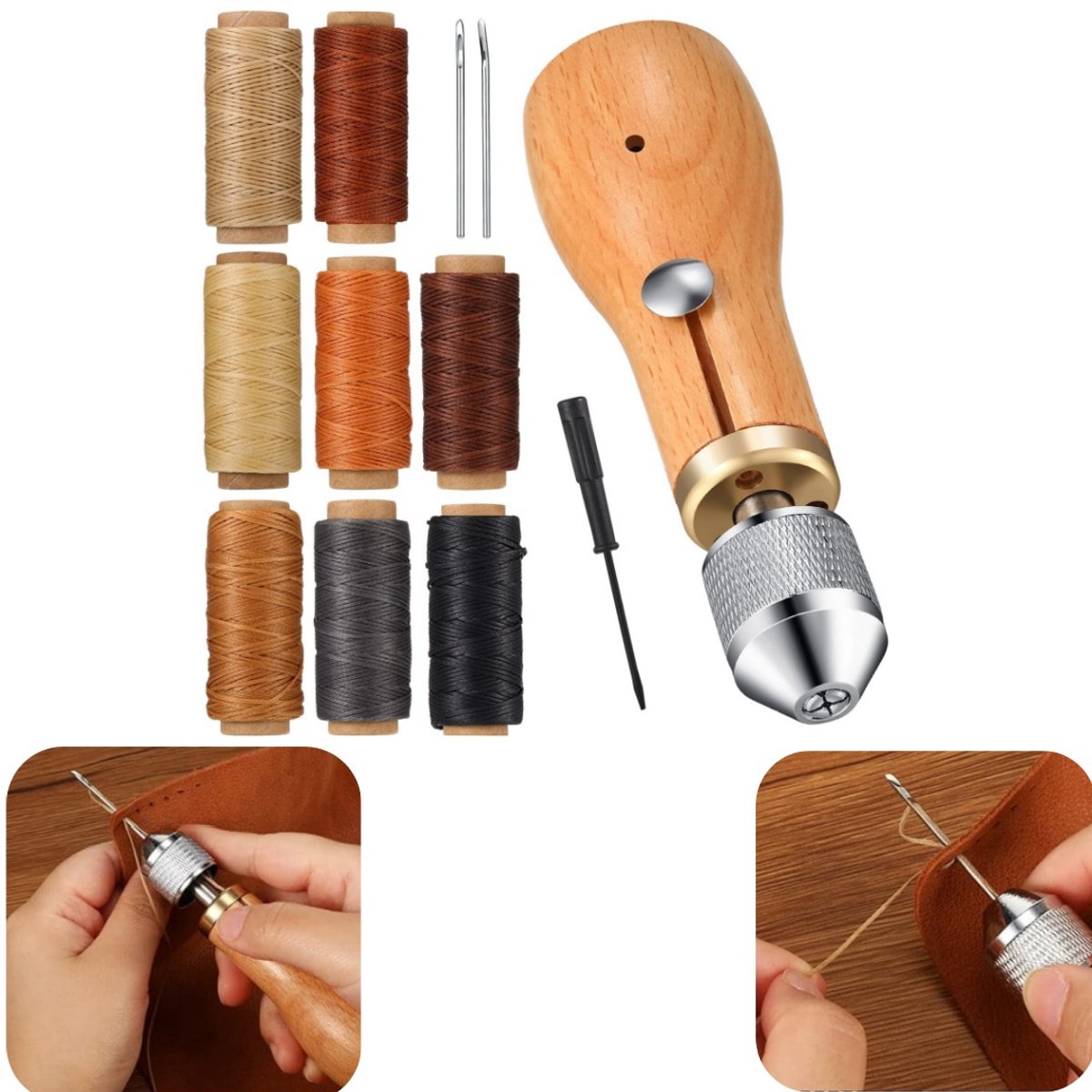 Naaigarnituurset - handmatige naalden - leren naalden - canvasnaalden - met draad - metalen naalden - naaibenodigdheden - geschikt voor leer, canvas (bruin, 13*4cm)