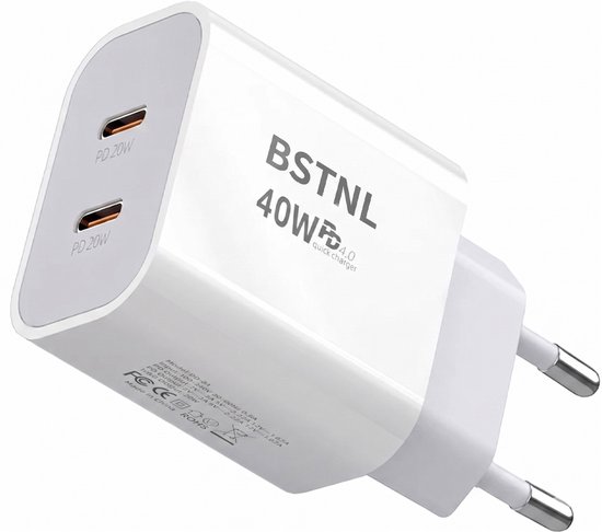 Witte BSTNL 40W snellader met twee PD 20W USB-C poorten.