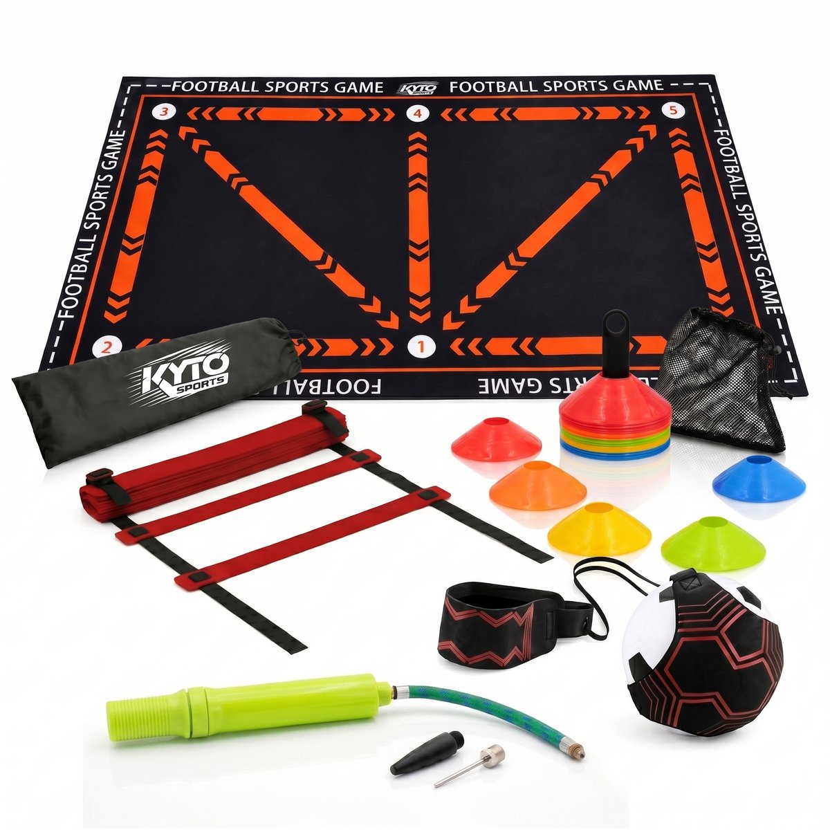 Kyto Sports Voetbal Trainingsset 5-in-1 – Voetbalmat, Solo Trainer, Agility Ladder, 50 Markeerschijven en Ballenpomp – Voor Kinderen en Volwassenen
