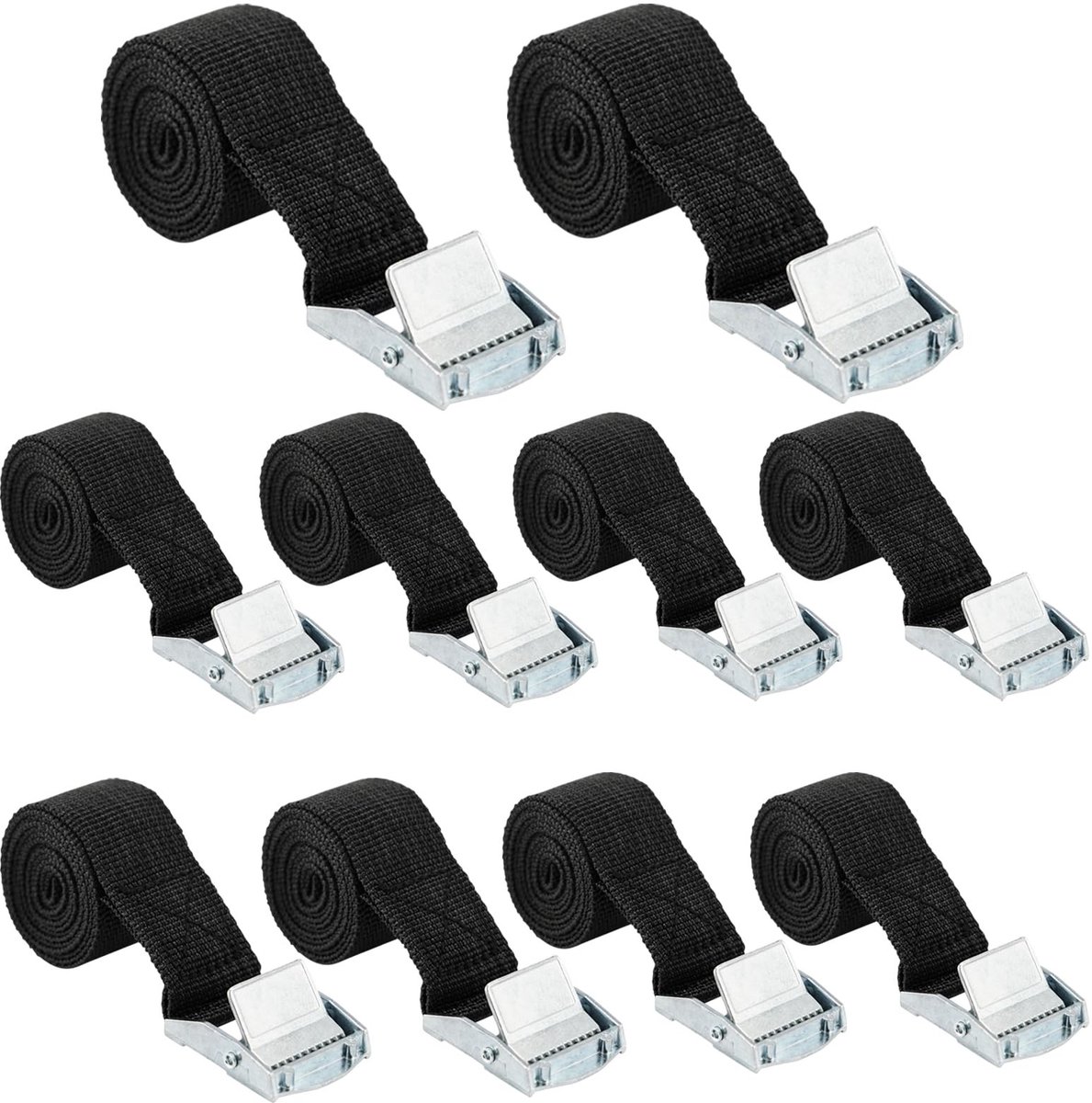 Dailygoods- Spanbanden 10 stuks - Verstelbare Sjorbanden - 25 mm x 1 m - Zwart - Polyestervezel - Tot 250 kg belastbaar