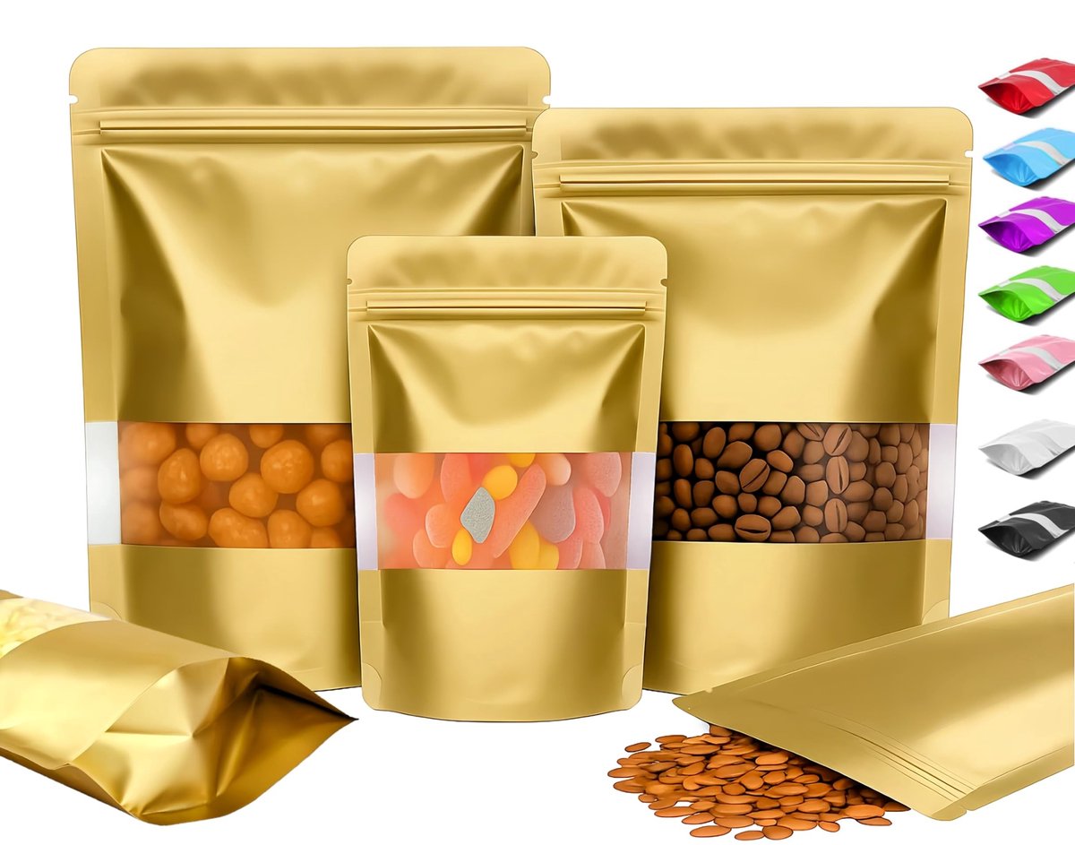 Dailygoods- Hersluitbare Zakjes 100 Stuks - Staande Doypack - Aluminium Mylar - Gekleurde Ziplock - Voedselveilige Verpakking - 12 x 20 cm - Verpakkingszakjes
