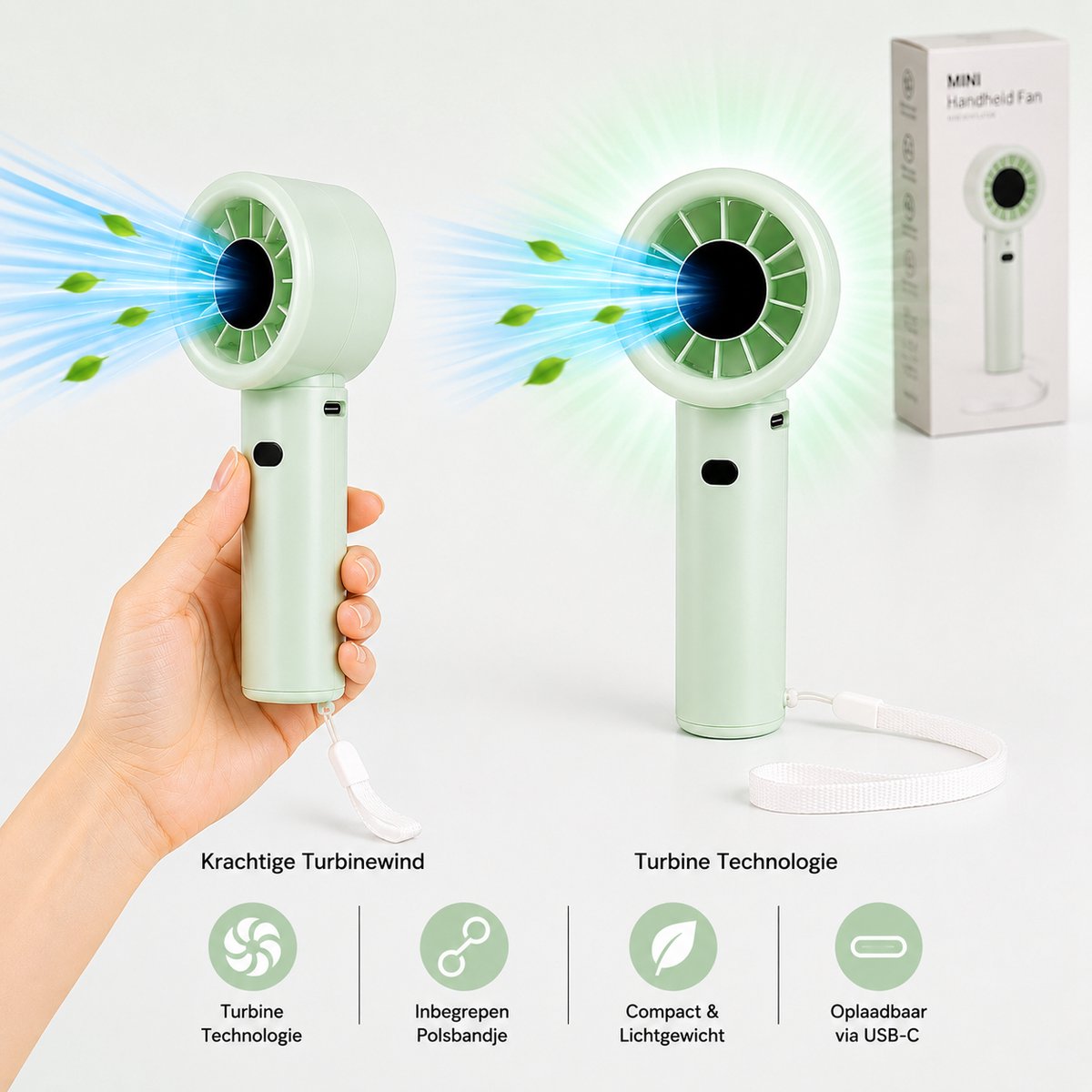 Litalife Mini Handventilator - Draagbaar - USB-C Oplaadbaar - Mintgroen met Polsband