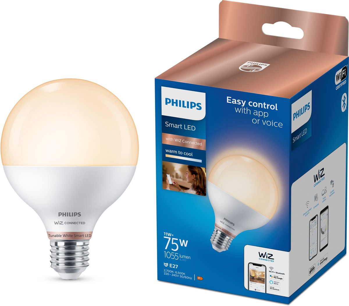 Philips Smart Lighting - Globe - Slimme LED Verlichting - Warm- tot Koelwit Licht - E27 - 75W - Mat - Wi-Fi