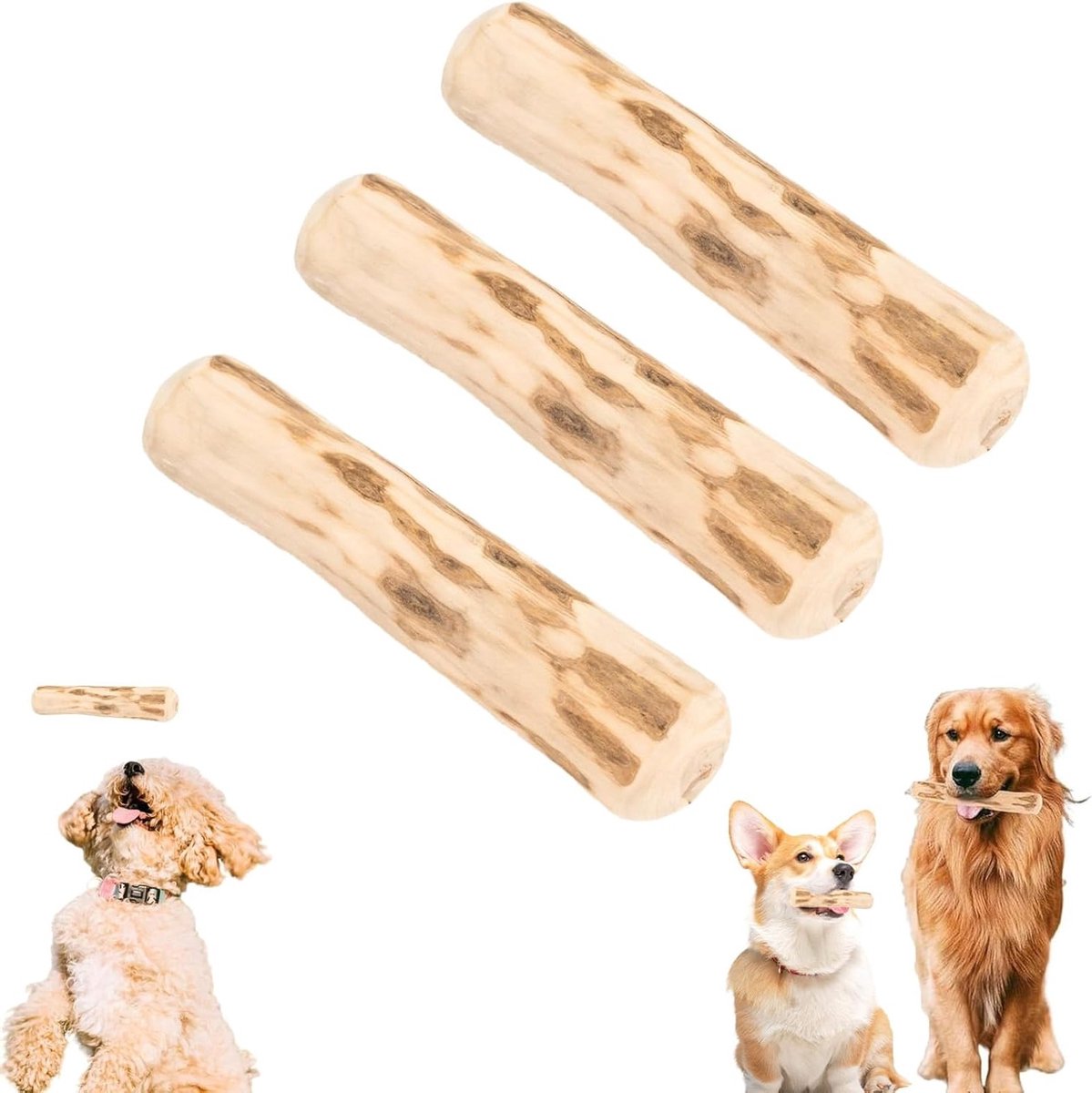 Set van 3 Koffiehouten Kauwspeeltjes voor Honden - 14 cm Lang, Natuurlijke Kauwstaafjes voor Kleine en Middelgrote Honden, Ideaal voor Tandverzorging en Training