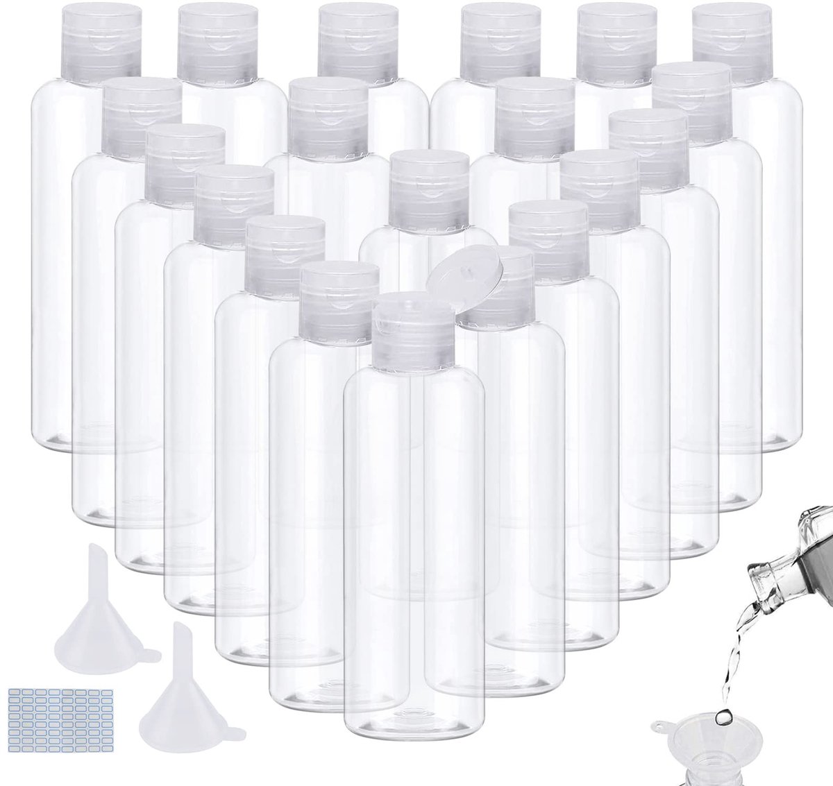 Dailygoods- Reisflessen Set van 20 - 100 ml Plastic Flessen - Met Trechter/Etiketten - Duurzaam/Transparant - Voor Shampoo/Conditioner - Reisvriendelijk - Cosmeticaflessen