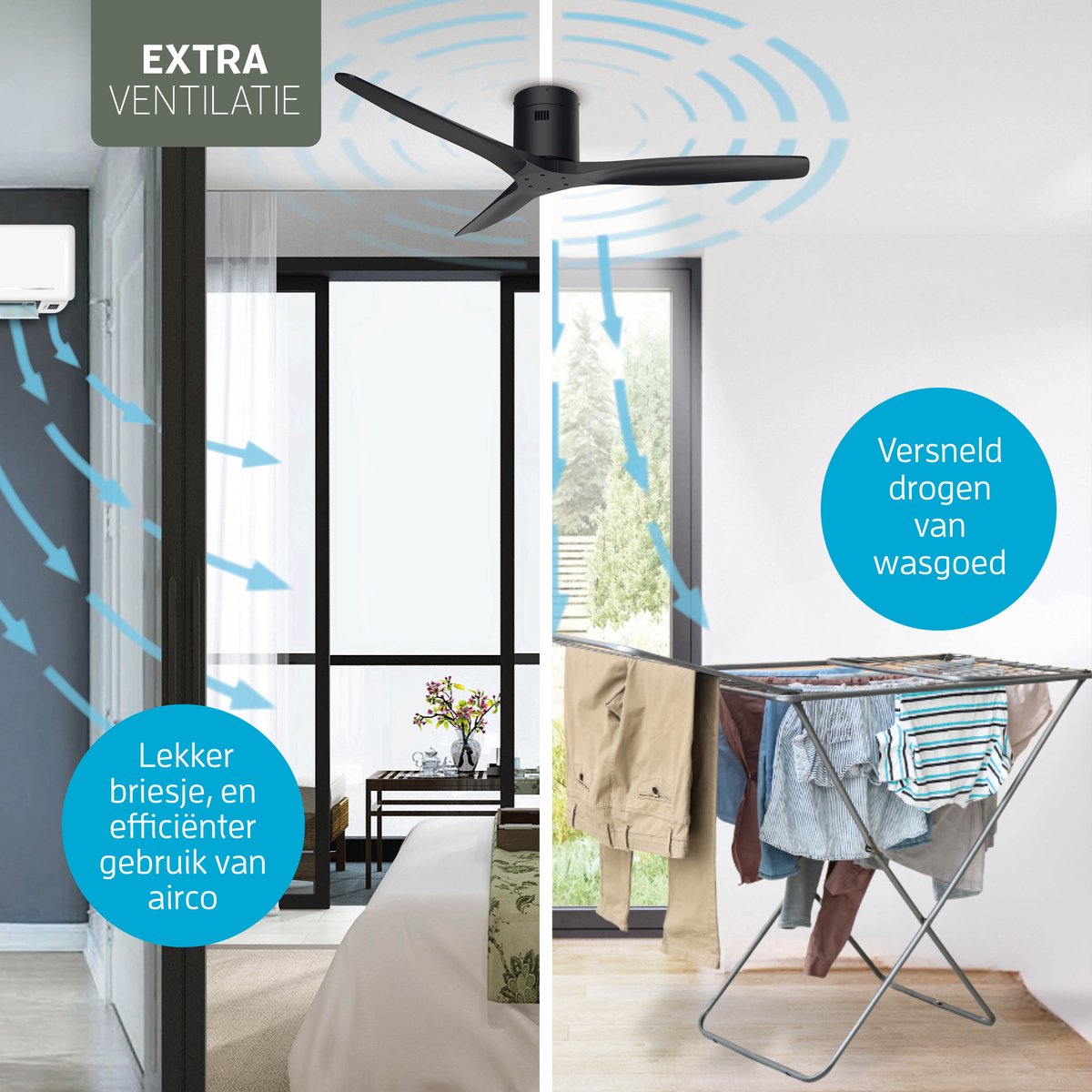 Varin® Smart Plafondventilator - Zwart - Tuya Wifi - Lange bladen - Ø 132cm - 6 snelheden - Super stil 20dB - Met afstandsbediening en gratis app - Ventilatorkachel - Ventilatoren plafond - Plafondventilator - Plafond ventilator slaapkamer — afbeelding 3