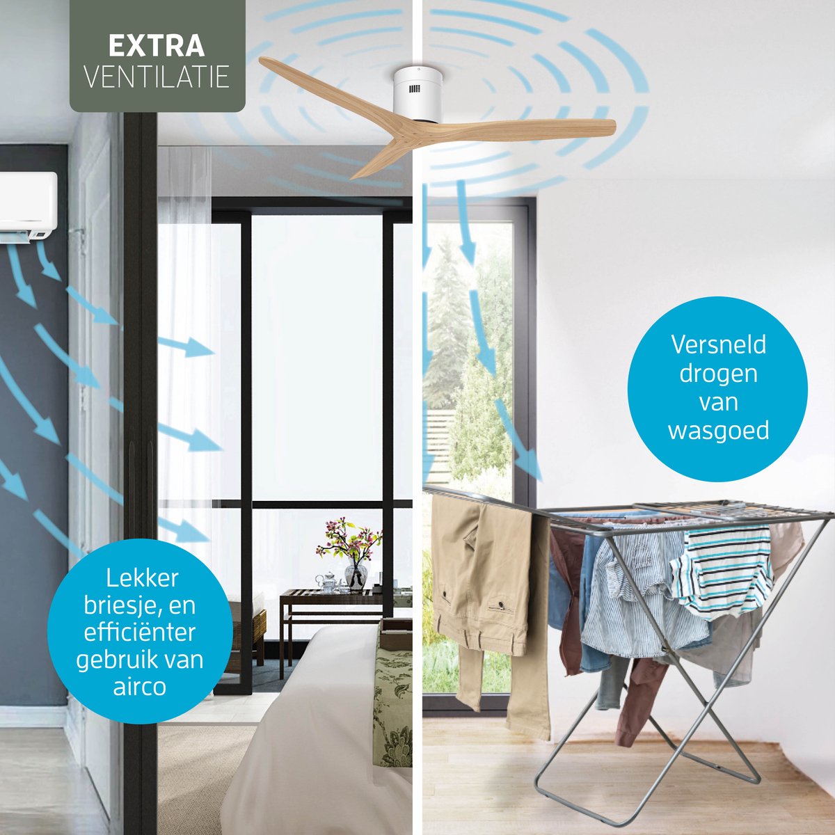 Varin® Smart Plafondventilator - Wit/Naturel - Tuya Wifi - Lange bladen - Ø 132cm - 6 snelheden - Super stil 20dB - Met afstandsbediening app - Ventilatorkachel - Ventilatoren plafond - Plafondventilator - Plafond ventilator slaapkamer — afbeelding 3