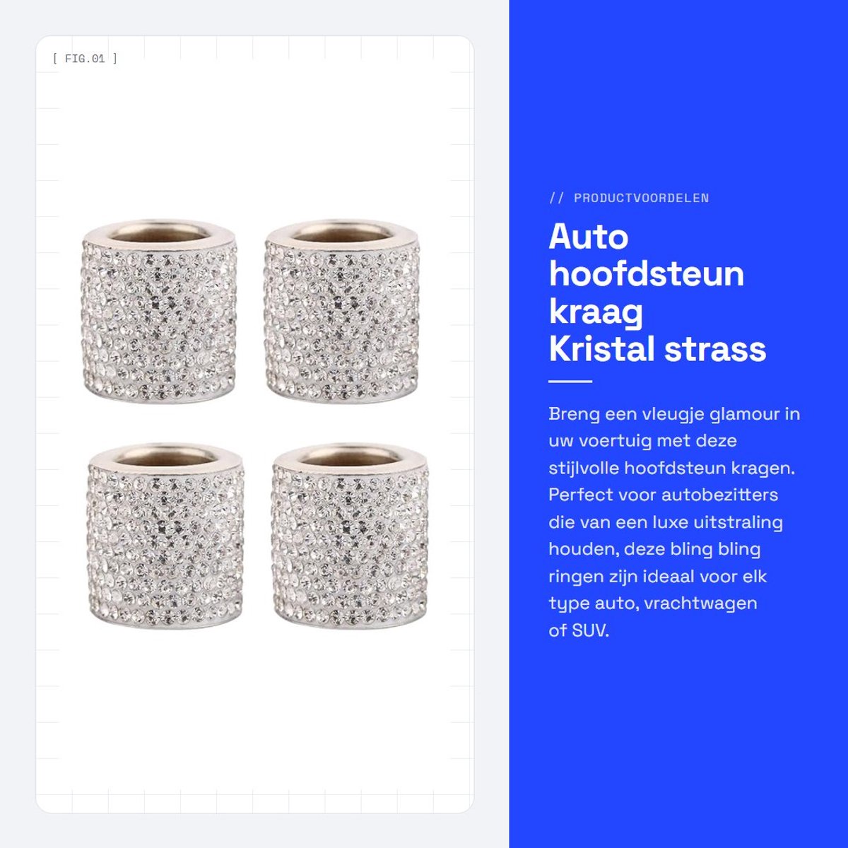 Dailygoods- Hoofdsteun Kraag - 4x Witte Hoofdsteun Ringen - Kristal Strass Decoratie - Auto Interieur - Bling Bling - Geschikt voor SUV/Vrachtwagen - Autoaccessoires