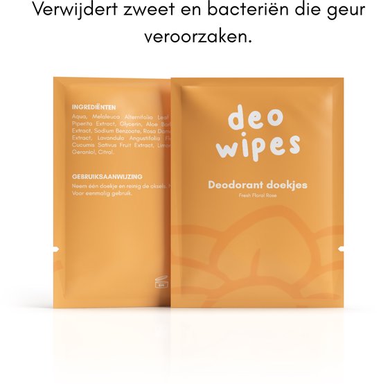 Verpakking van 'deo wipes' Deodorant doekjes Fresh Floral Rose. Verwijderen zweet en bacteriën.