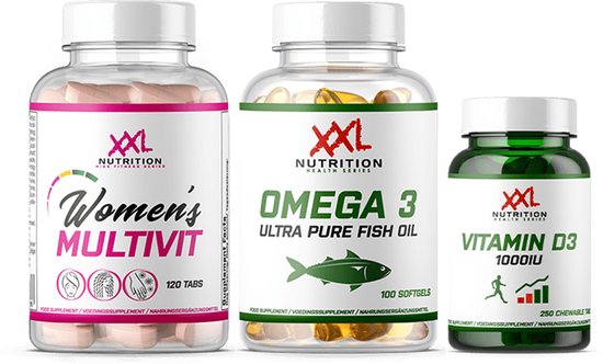 Drie flessen van XXL Nutrition: Women's Multivit met roze tabletten, Omega 3 Visolie met gele capsules, en Vitamin D3.