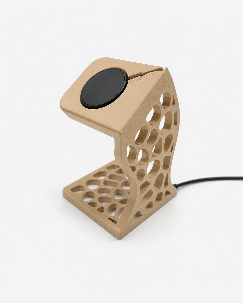 Skushy Apple Watch Oplaadstandaard Voronoi Design - Apple Watch Houder - Laadstation - Nachtkastje Dock - Bureau Docking Station - Oplaadhouder - Kabel Organizer - Magnetische Oplader Houder - Smartwatch Stand - Beige Latte