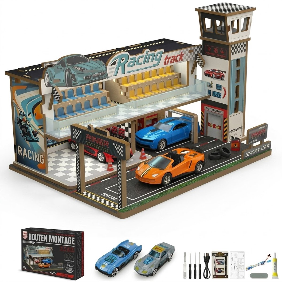 Racecircuit Bouwset met LED Verlichting en Modelauto – Modulair Racebaan Model voor Kinderen 6+ – Racewagen Display & Constructiespeelgoed – Educatief Bouwspeelgoed voor Jongens en Meisjes