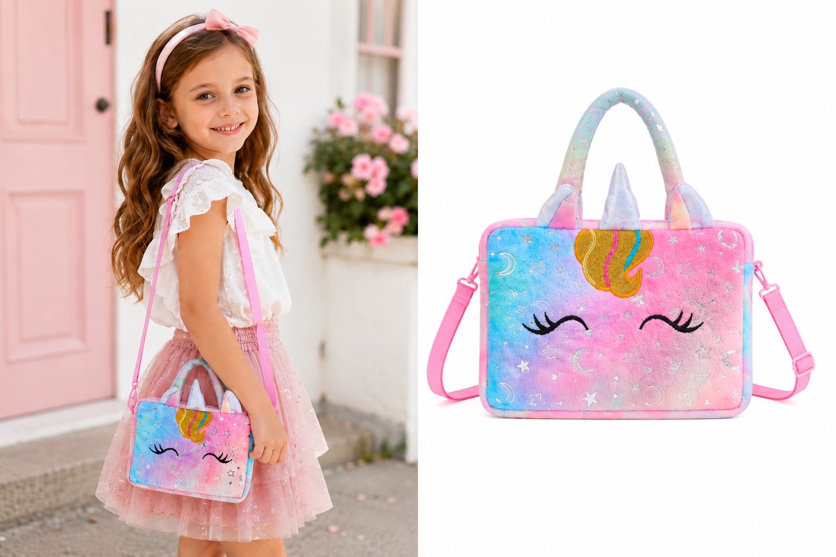 Meisjes Handtas Unicorn – Schoudertas & Crossbody Tas Blauw Roze – Rechthoek - Verstelbare Kindertas met Rits – 22 x 15 x 5 cm