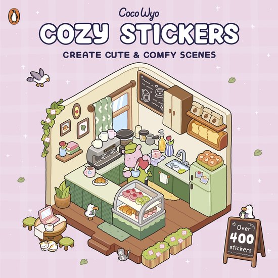 Illustration d'un intérieur de café confortable avec un cochon rose derrière le comptoir. Texte : Coco Wyo Cozy Stickers. Plus de 400 autocollants.