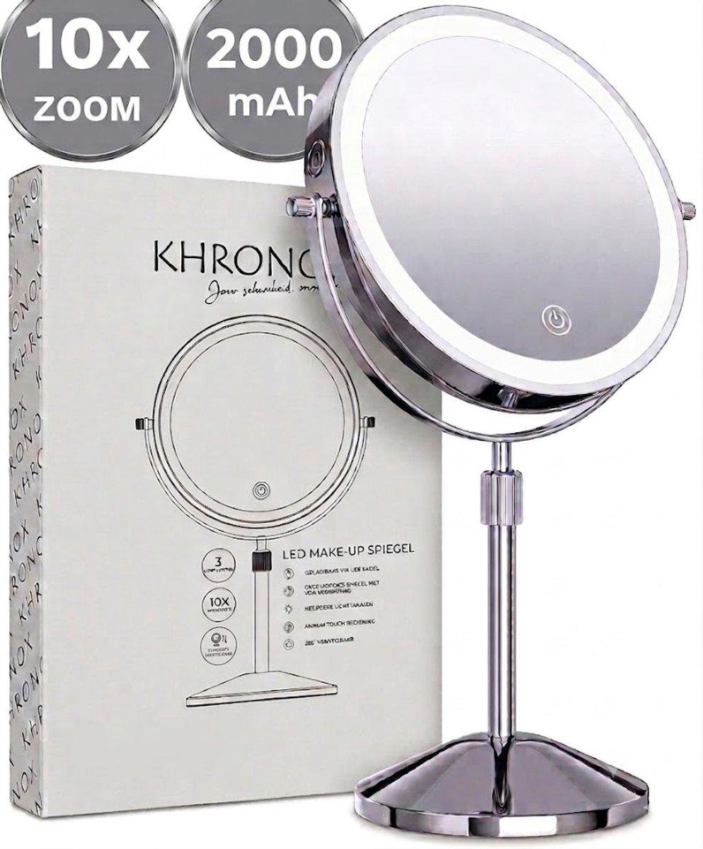 KHRONOX® Make Up Spiegel, Make-Up Spiegel Met LED Verlichting, 10x Vergroting, 3 Lichtstanden, USB Oplaadbaar, 2000 Mah, Vergrootspiegel, Make Up Spiegel 10x Vergroting, Badkamerspiegel, Scheerspiegel, 360° Draaibaar, Valentijnsdag, Cadeautje, ZILVER