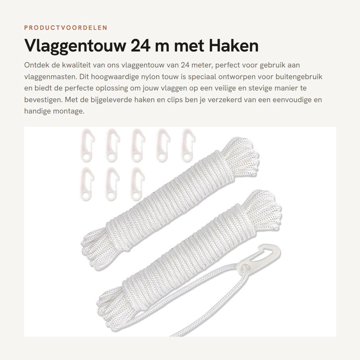 Dailygoods- Vlaggentouw 24 m - Hoogwaardig Nylon - Vlaggenlijn met Haken - Sterk en Slijtvast - Voor Vlaggenmast - Inclusief Vlaggenclips