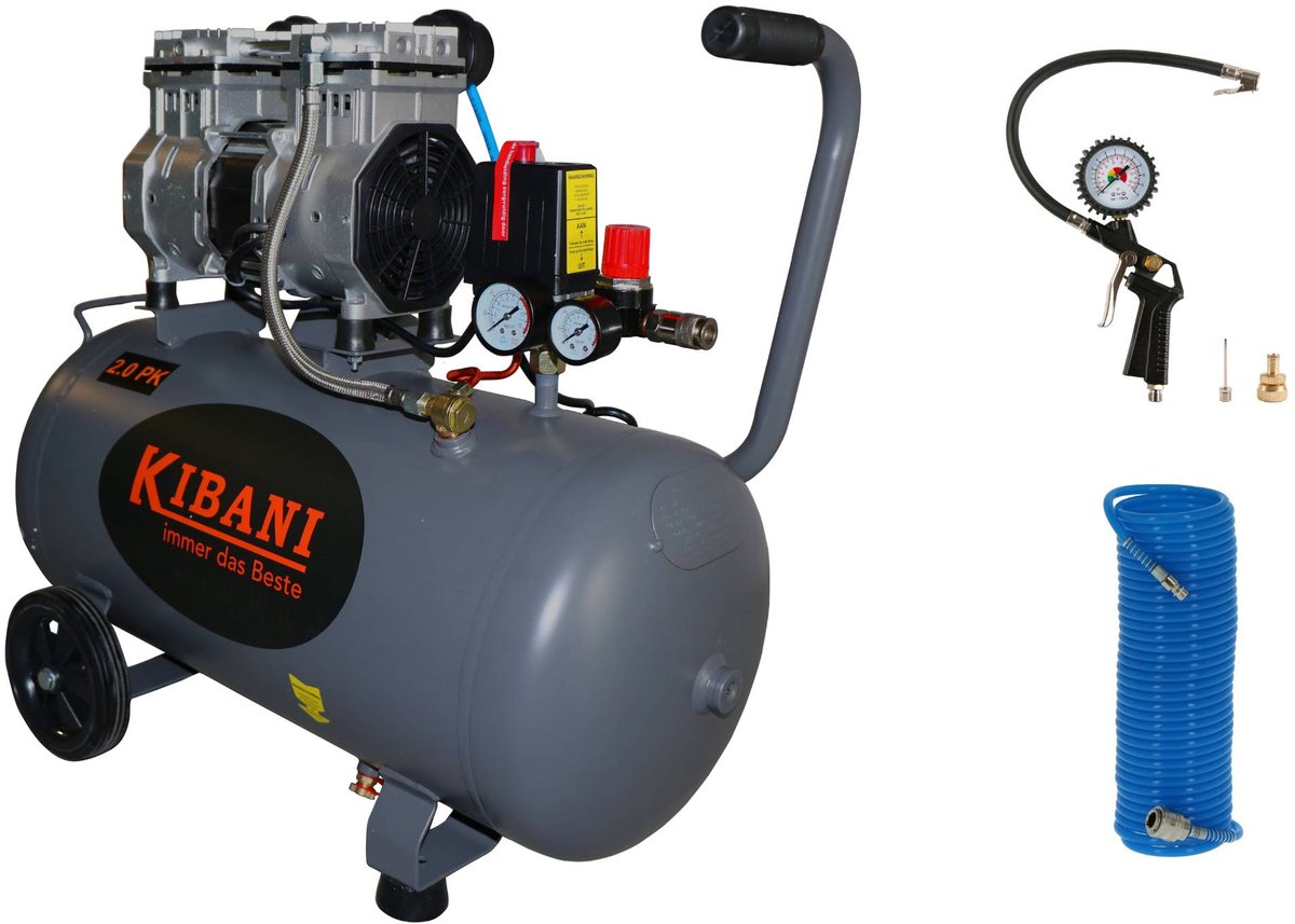 Kibani Super Stille Compressor 50 liter + Luchtslang + Bandenpomp - SET - Low Noise - Compressoren - 50L