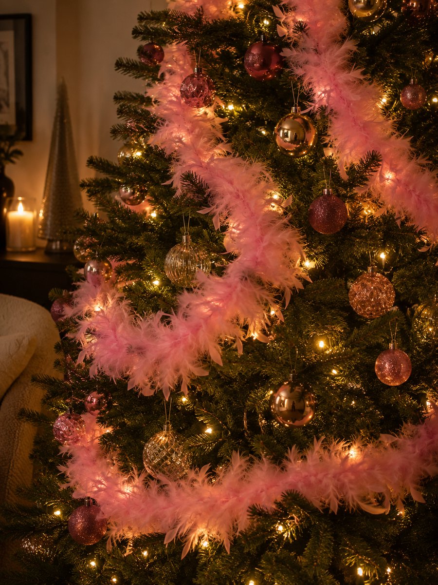 Anna´s Collection - deco lights - 2 stuks - kerstverlichting - boa - kerstslinger - verenslinger - roze - Lengte 2 meter - 16 LED licht