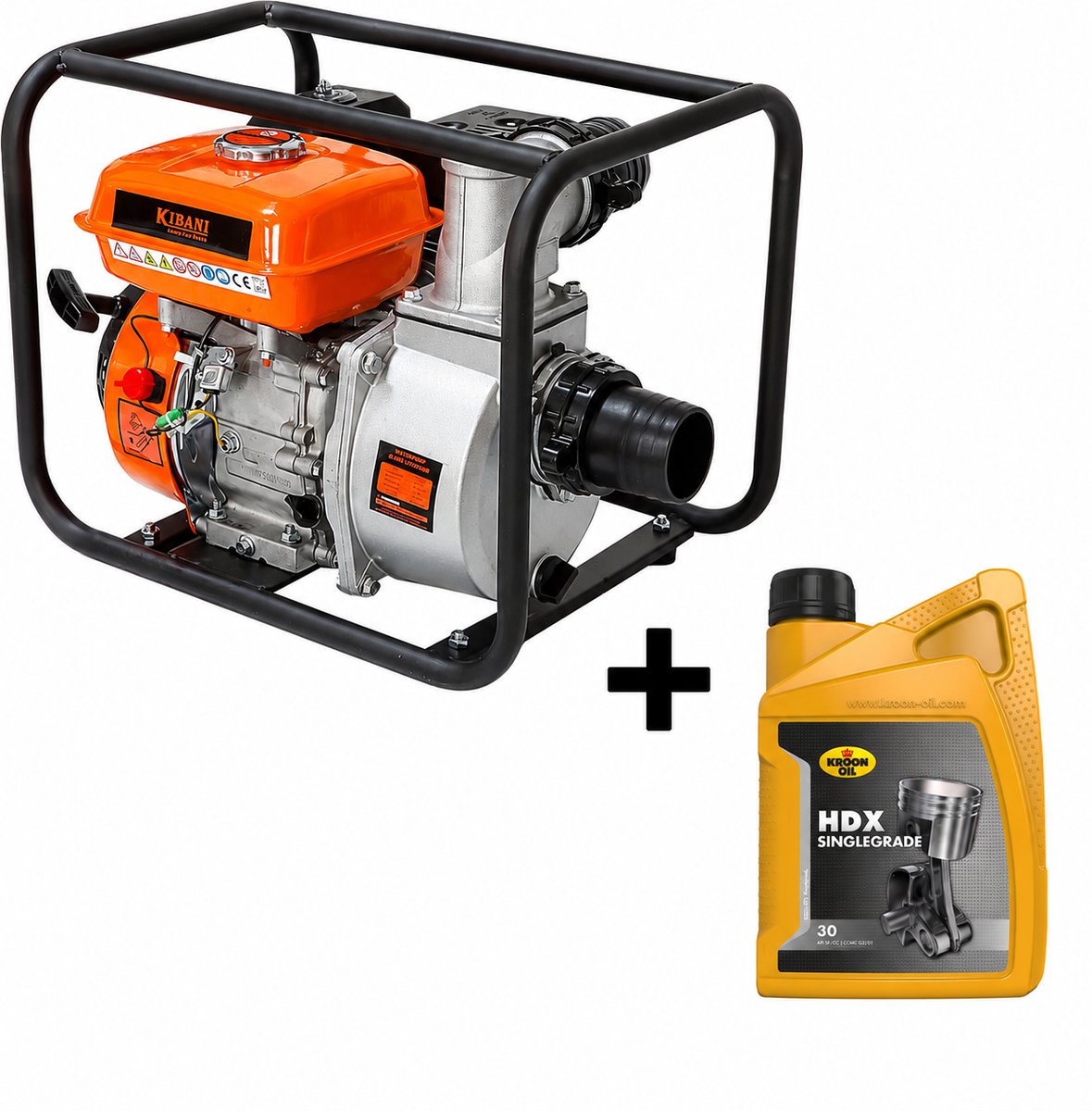 Kibani Waterpomp 60.000 Liter p/uur incl. 1 liter 4-takt olie - 196 cc / 6.5 PK 4-takt Benzine Motor - 3600 Toeren/Minuut - Doorstroming 60 m³ p/uur
