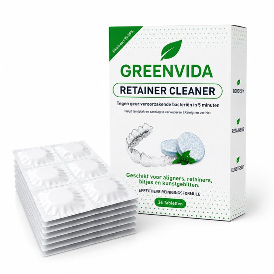 Doos GREENVIDA Retainer Cleaner naast een stapel van zes verpakkingen met elk zes individuele reinigingstabletten.