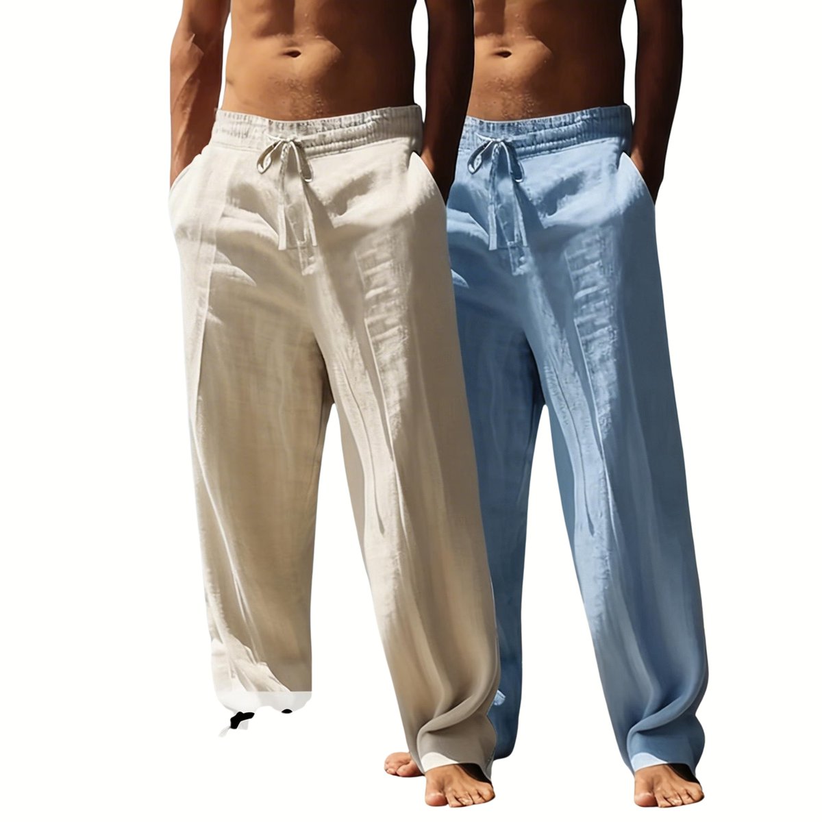 Currero Linnen Broek Heren Zomerbroek Volwassenen Lange Broek Pantalon Strandbroek Zomer Ibiza Stijl + Lichtblauw Khaki
