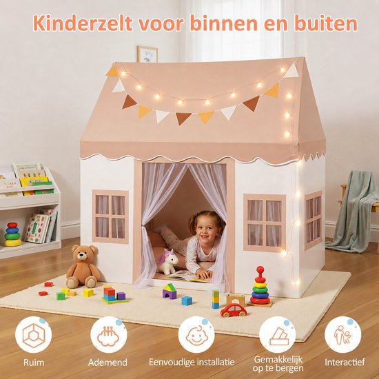 Lemonmax Kindertent speelhuisje - Prinsessentent met mat verlichting en muggennet - Voor kinderkamer binnen en buiten - 120x100x130 cm - Khaki — afbeelding 2