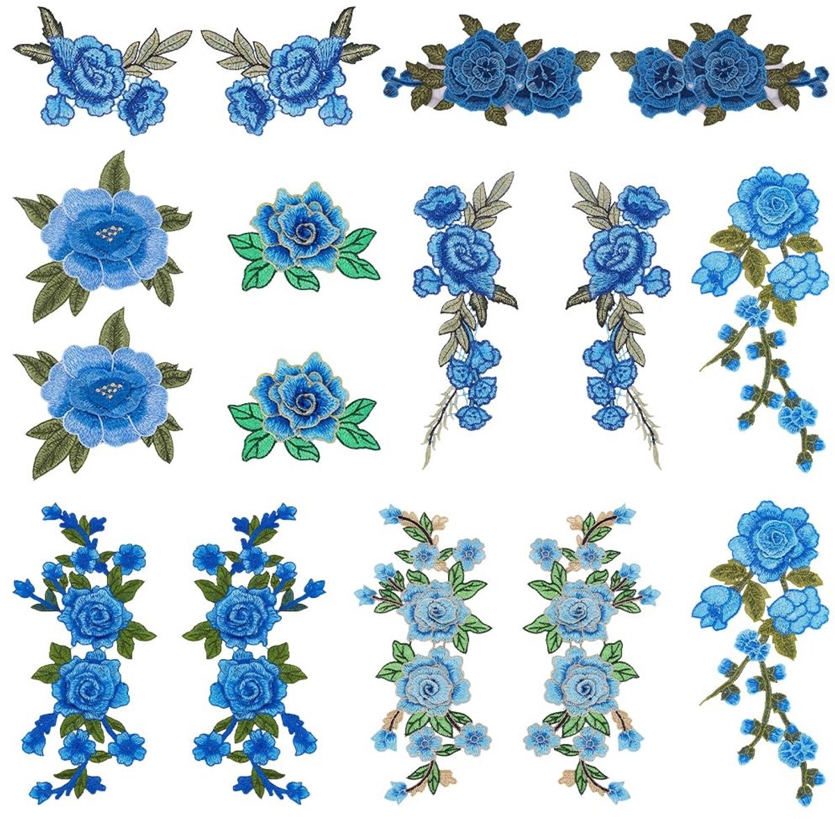Dailygoods- Borduurapplicaties 16 Stuks - Blauwe Rozen - Polyester - Strijken/Naaien - Unieke Designs - Elegante Bloemvormen - Patches