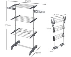 Opvouwbare Wasdroger Toren met Wielen 142x55x152cm Grijs Staal 3 Niveaus Zijvleugels 6 Zwivelwielen met Remmen