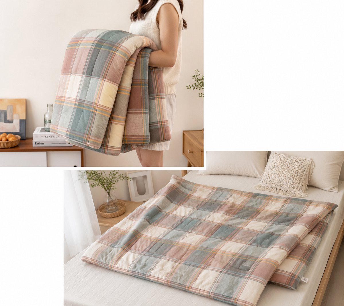 Jaquet Zomerdeken 200x220/230 cm – 100% Katoen – Zonder Dekbedovertrek – Pastel Geruit – Licht & Ademend