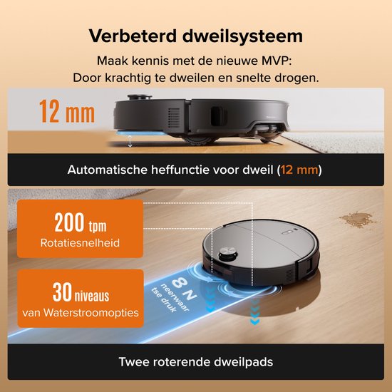 Zwarte robotstofzuiger met "Verbeterd dweilsysteem" en roterende dweilpads. Tekst "12 mm", "200 tpm" en "30 niveaus".