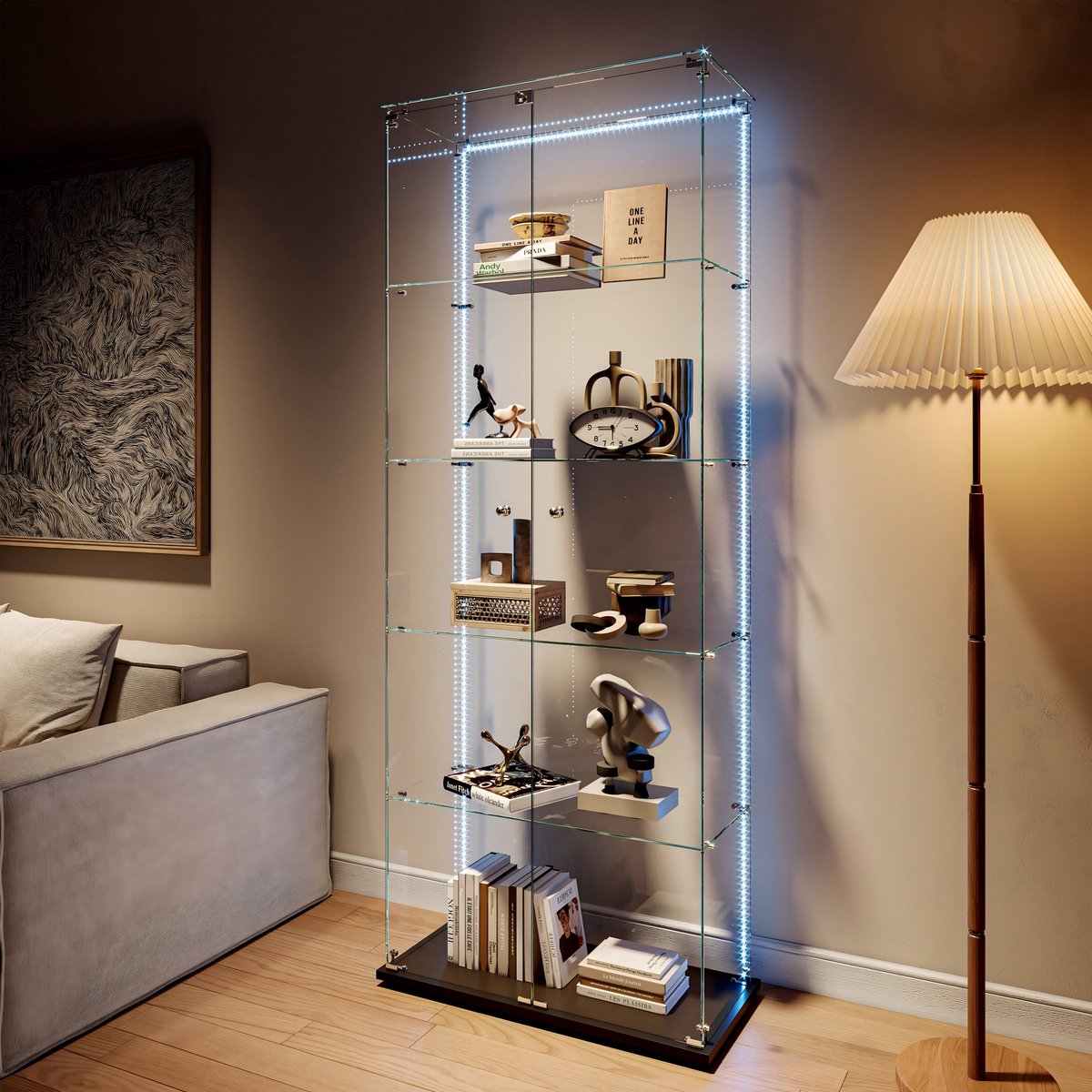 Glazen vitrinekast met LED-verlichting en slot – 5 planken vitrinekast van gehard glas – grote display kast / wandvitrine voor verzamelobjecten, LEGO en decoratie – 186,5 x 78,5 x 34,5 cm – Zwart